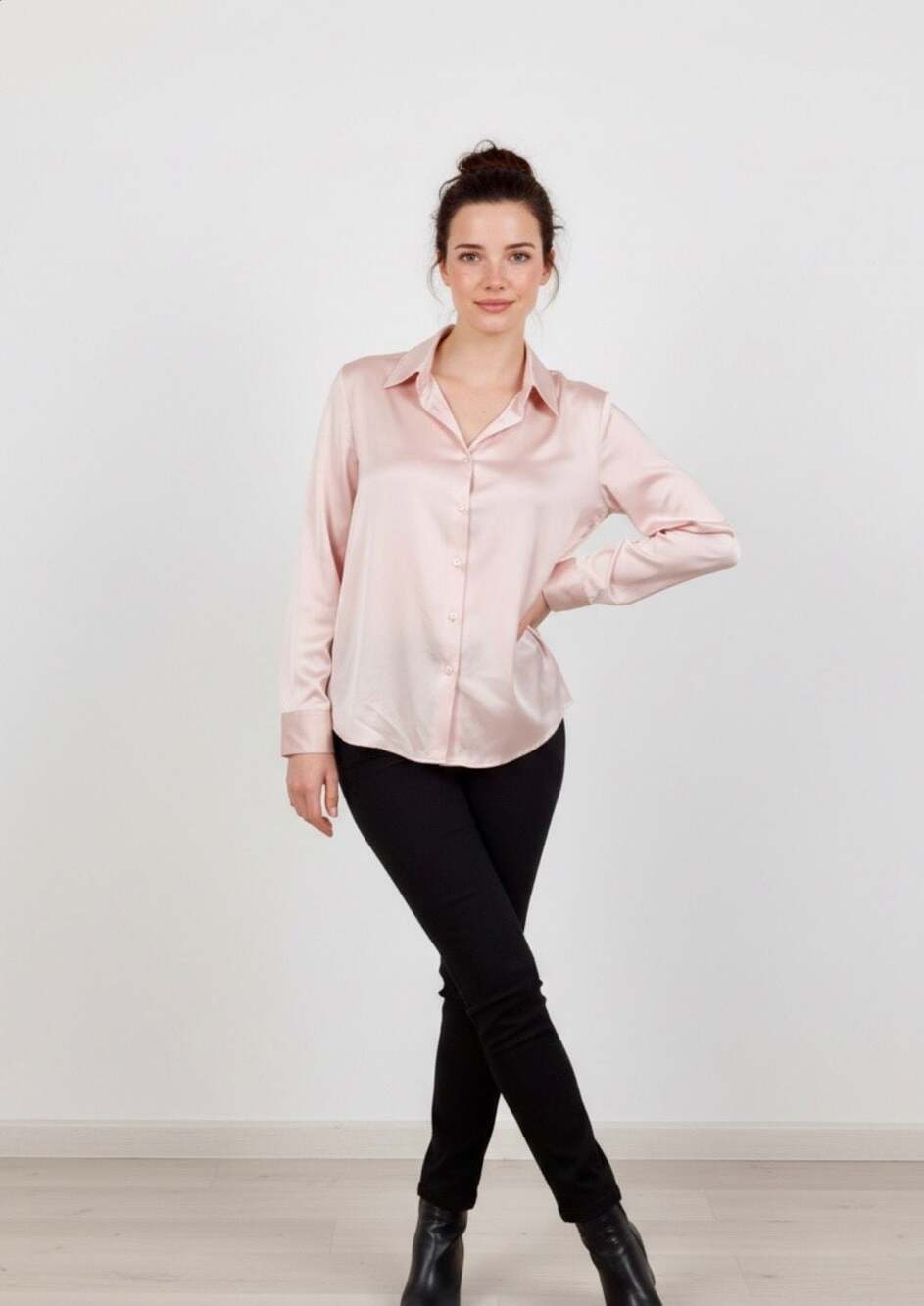 LaLune Rose Pink Satin Button Down Long Sleeve Blouse